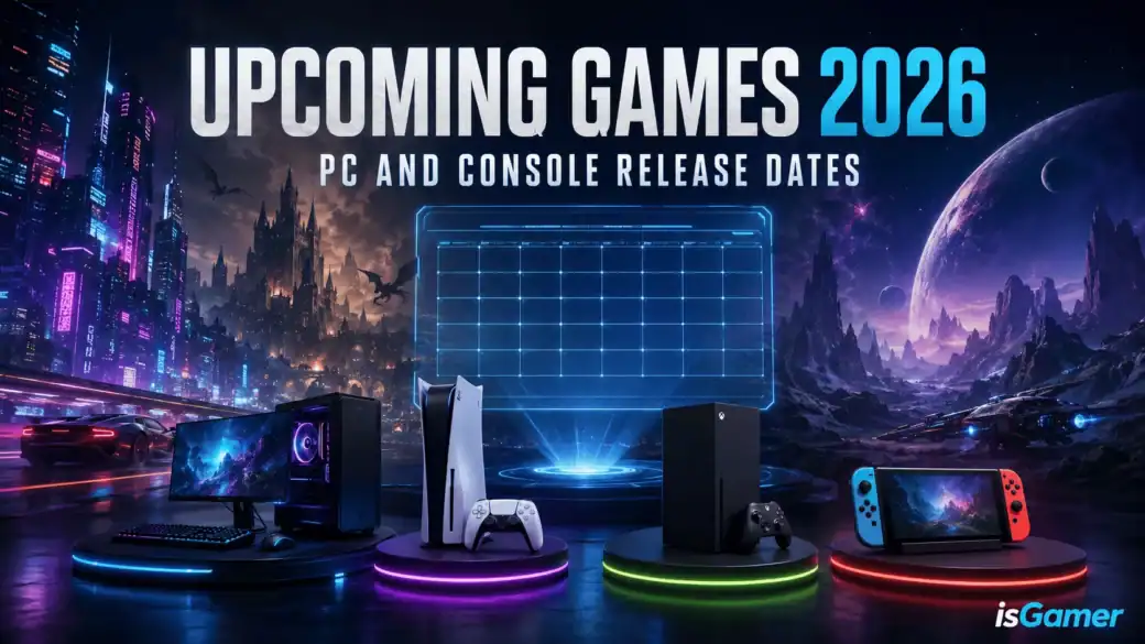 Futuristic gaming setup with consoles and monitors for 2026 game releases.