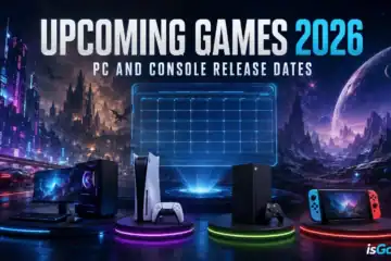 Futuristic gaming setup with consoles and monitors for 2026 game releases.