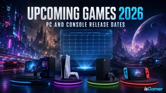 Futuristic gaming setup with consoles and monitors for 2026 game releases.