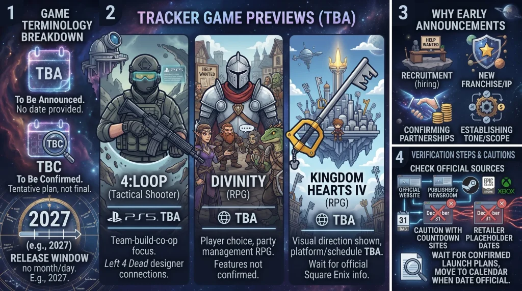 Infographic explaining upcoming video games without release dates, including TBA definitions, previews for 4:LOOP, Divinity, and Kingdom Hearts IV, and release date verification tips.