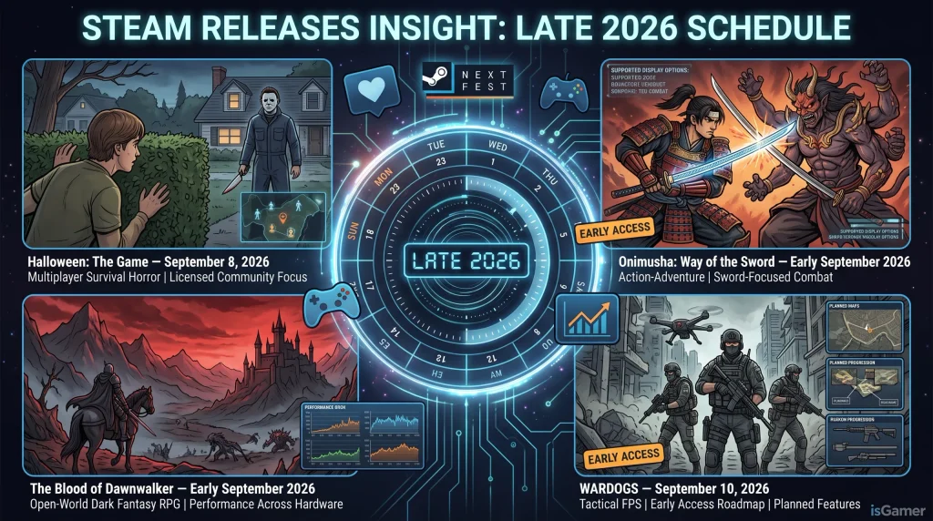 Steam Releases Insight: Late 2026 Schedule infographic previewing Halloween: The Game, Onimusha: Way of the Sword, The Blood of Dawnwalker, and WARDOGS.