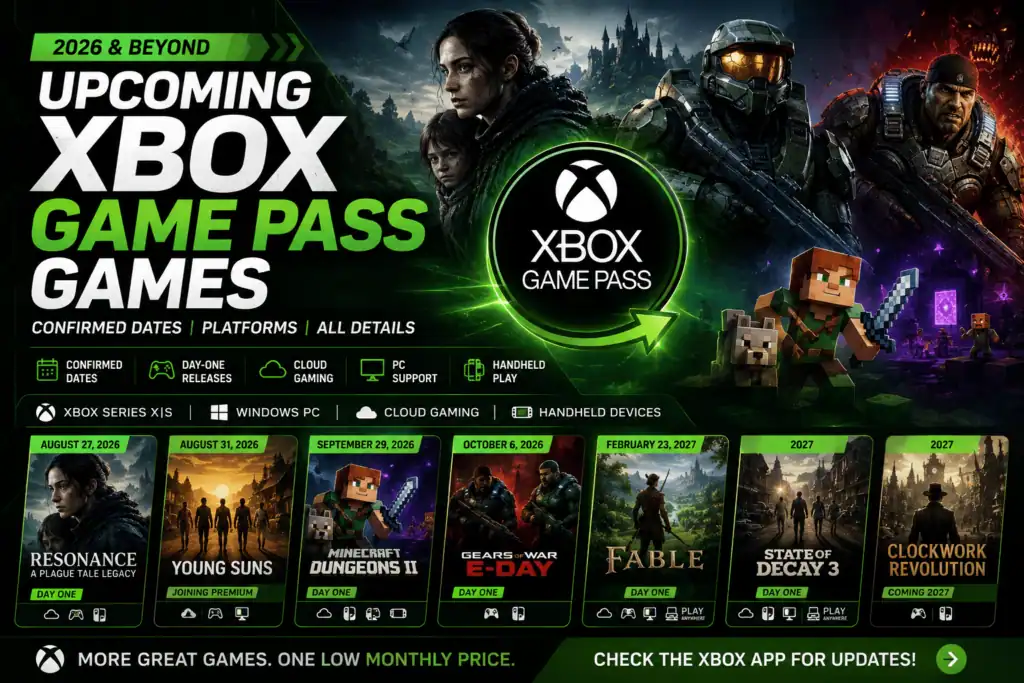 Upcoming Xbox Game Pass titles for 2026 and beyond with game images and release dates.