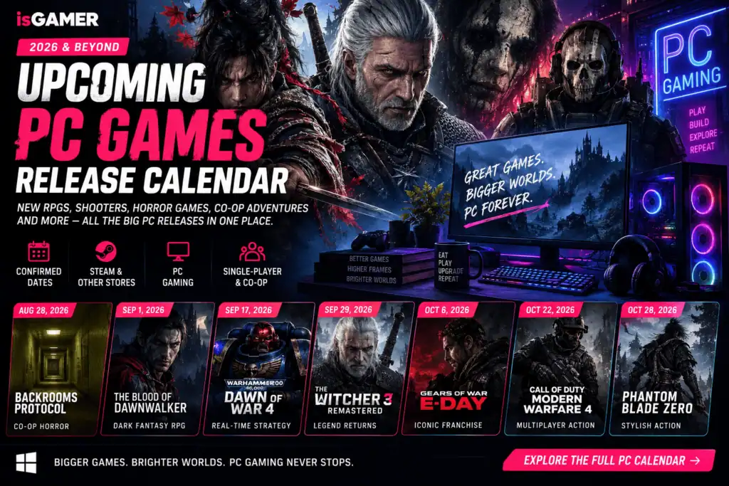 Upcoming PC games calendar with new releases and trailers for 2026 and beyond.