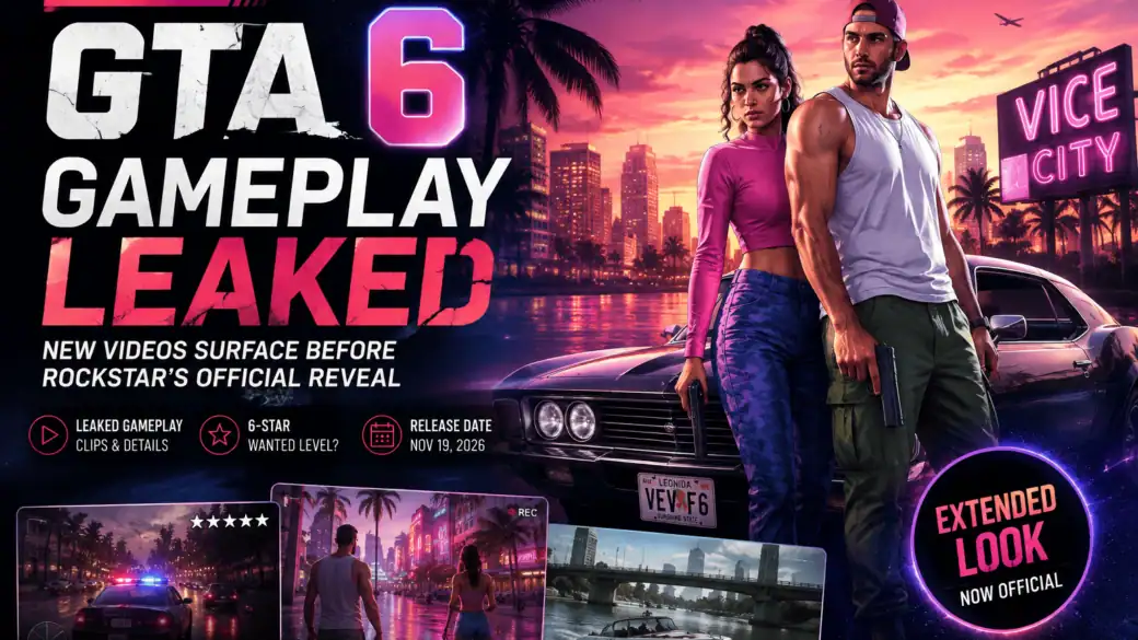 GTA 6 gameplay leak with characters and cityscape at sunset.