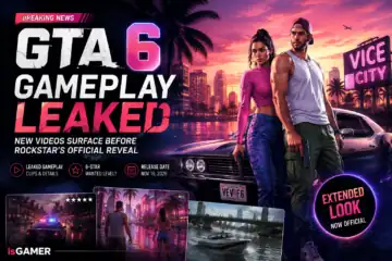 GTA 6 gameplay leak with characters and cityscape at sunset.