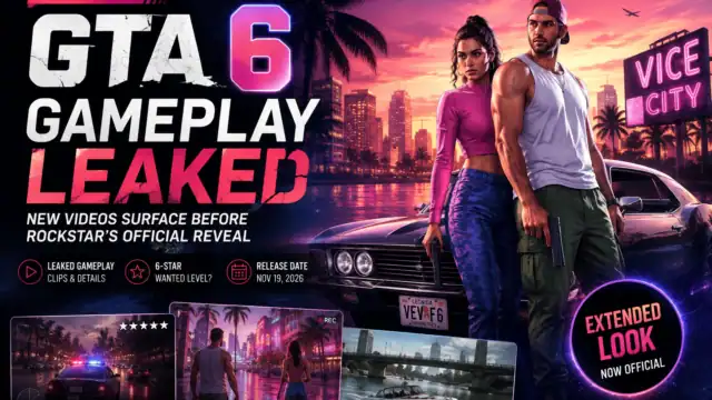 GTA 6 gameplay leak with characters and cityscape at sunset.