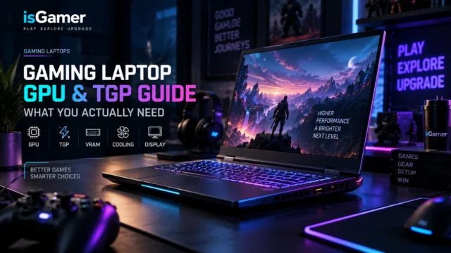 Gaming laptop with GPU power and cooling performance indicators