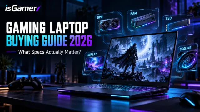 Gaming laptop buying guide showing GPU, RAM, SSD, display, and cooling specs