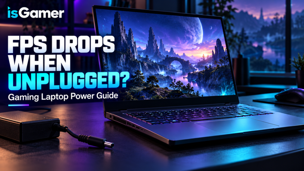 Gaming laptop beside an unplugged charger, with the title FPS Drops When Unplugged?