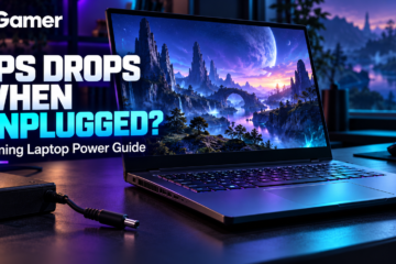Gaming laptop beside an unplugged charger, with the title FPS Drops When Unplugged?