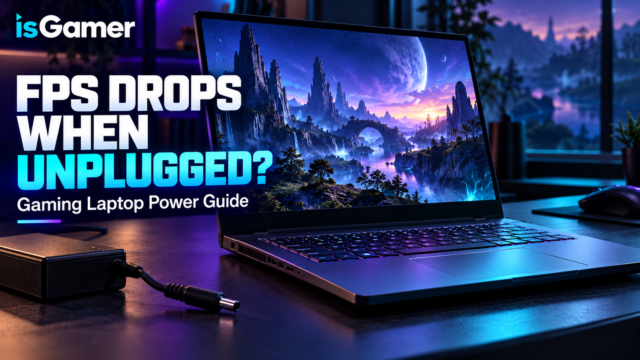 Gaming laptop beside an unplugged charger, with the title FPS Drops When Unplugged?