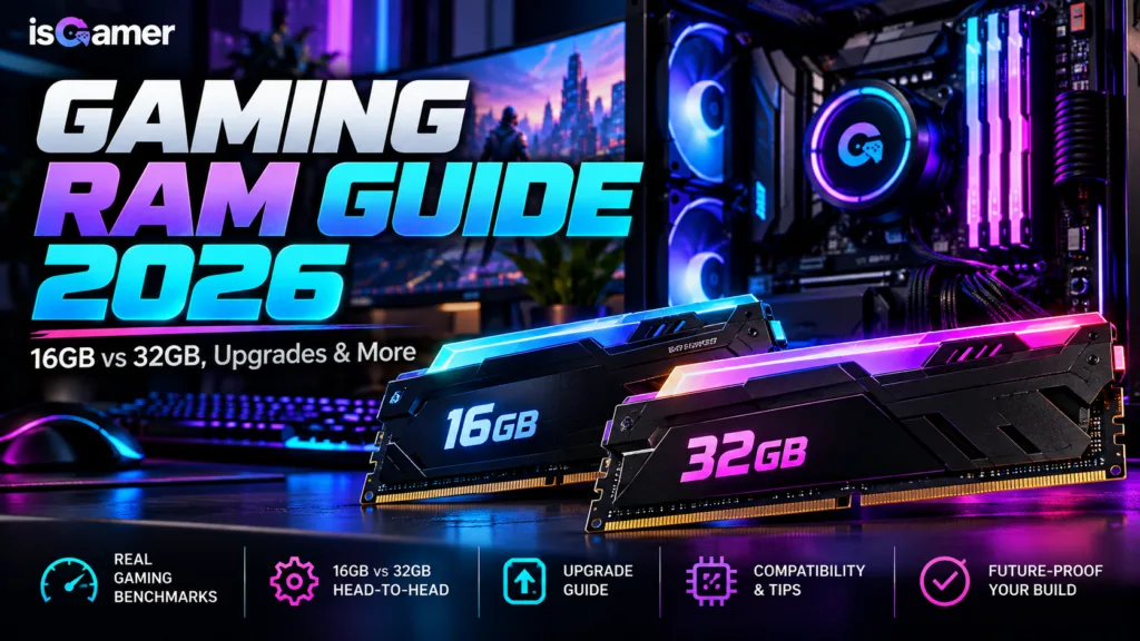 Gaming RAM Guide 2026 cover with PC memory modules and purple neon lighting