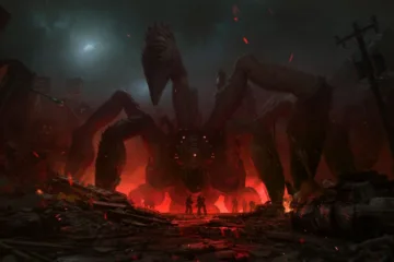 Gears of War: E-Day launch scene showing a Locust threat in a ruined city