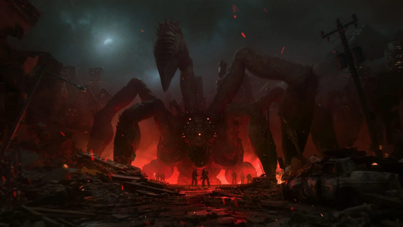 Gears of War: E-Day launch scene showing a Locust threat in a ruined city