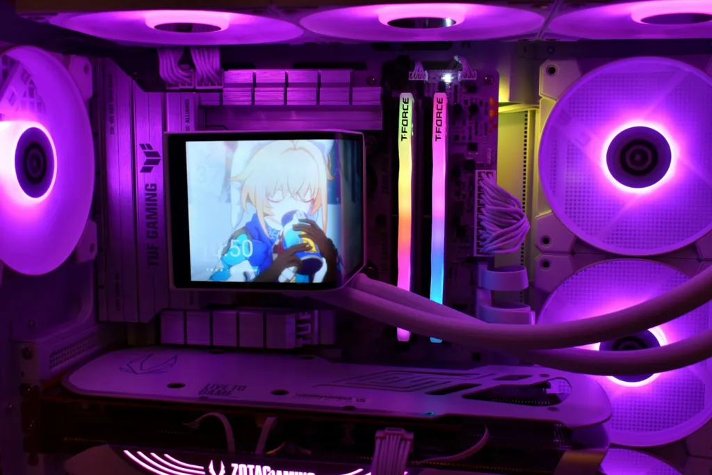 Desktop PC illuminated with purple lighting