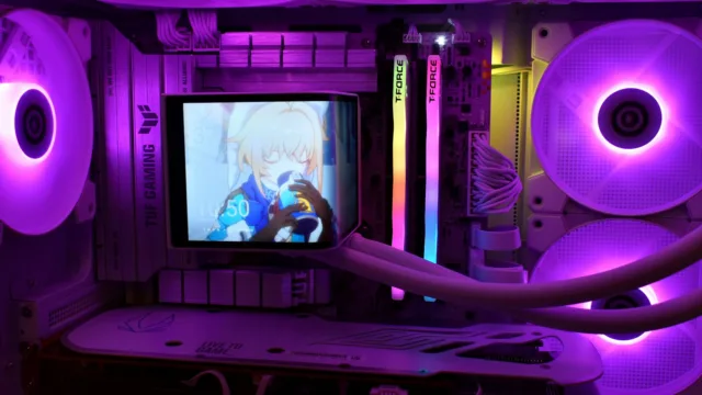 Desktop PC illuminated with purple lighting