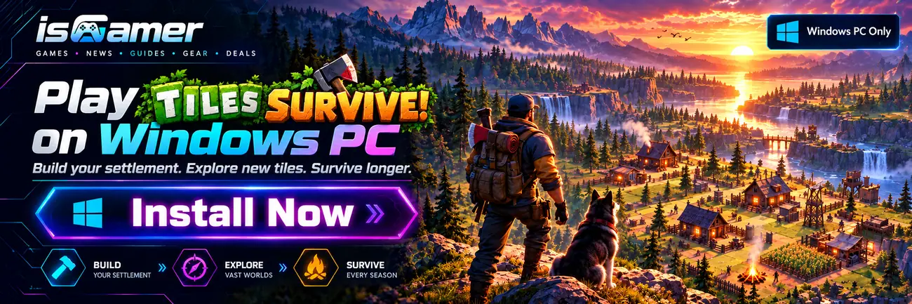 Promotional concept banner inviting Windows PC gamers to install Tiles Survive