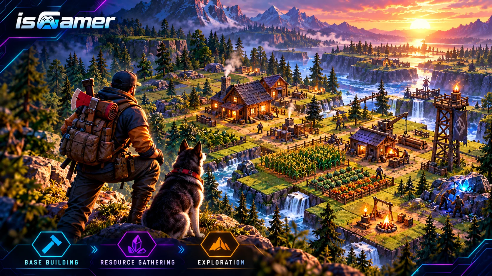 Illustrated survival settlement with resource areas, shelters and a tile-based landscape