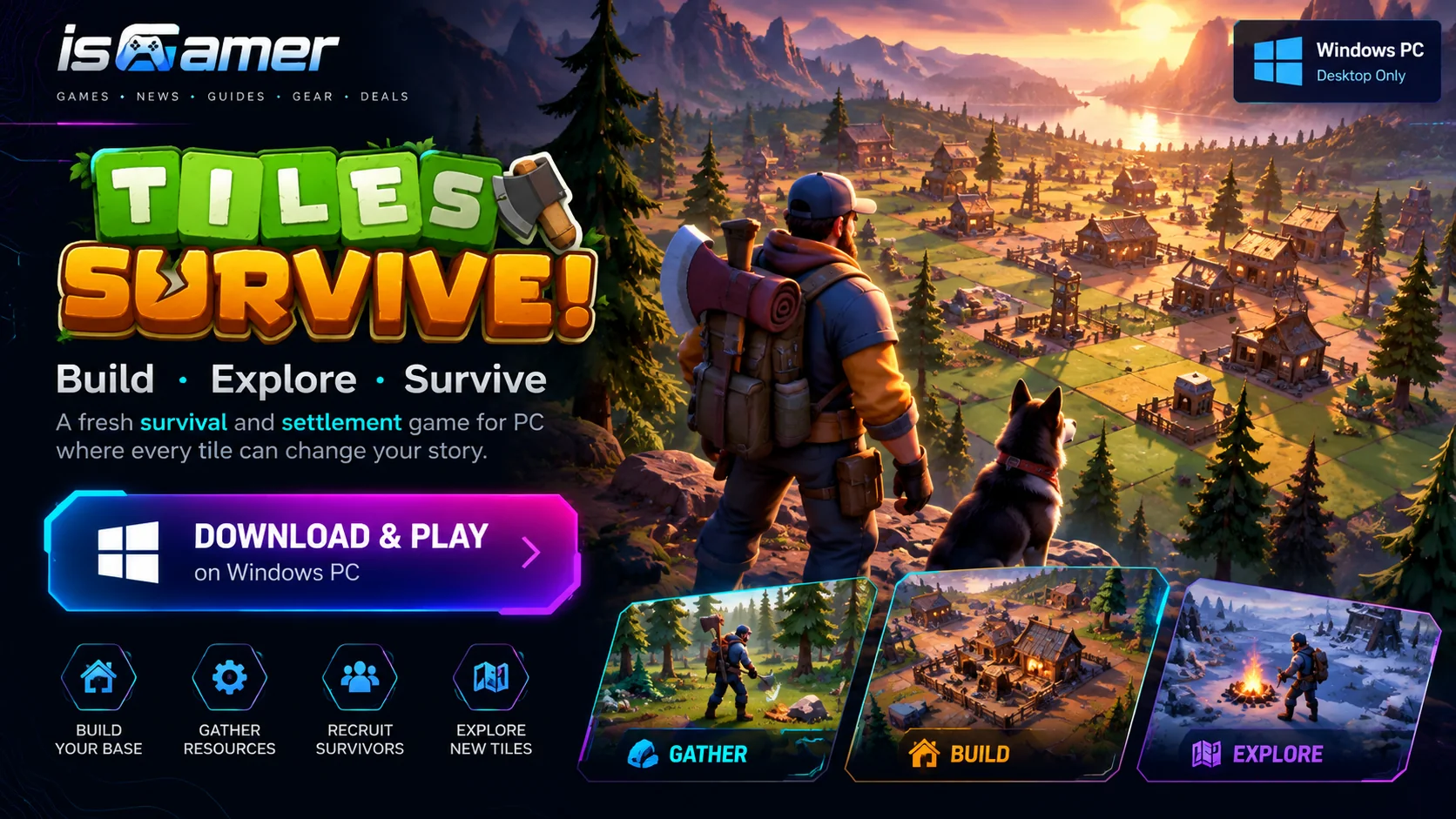 Illustrated survival world with a developing settlement and surrounding wilderness