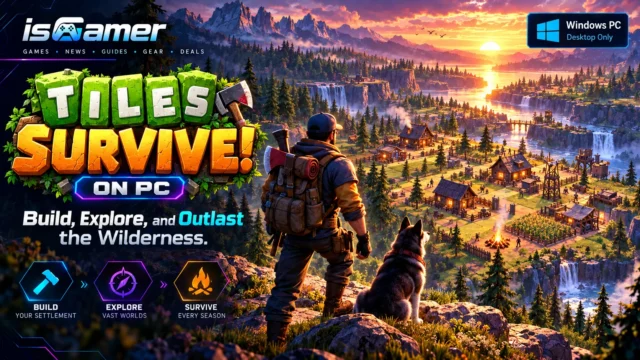 isGamer promotional illustration of Tiles Survive settlement-building adventure on Windows PC