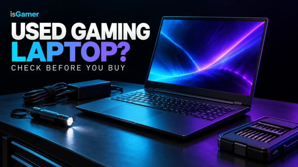Gaming laptop with a power adapter, flashlight and inspection tools on a dark desk