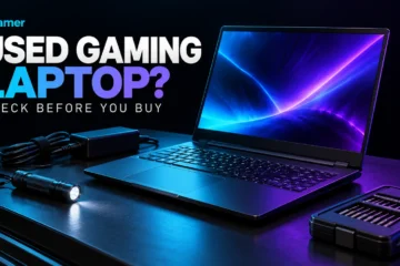 Gaming laptop with a power adapter, flashlight and inspection tools on a dark desk