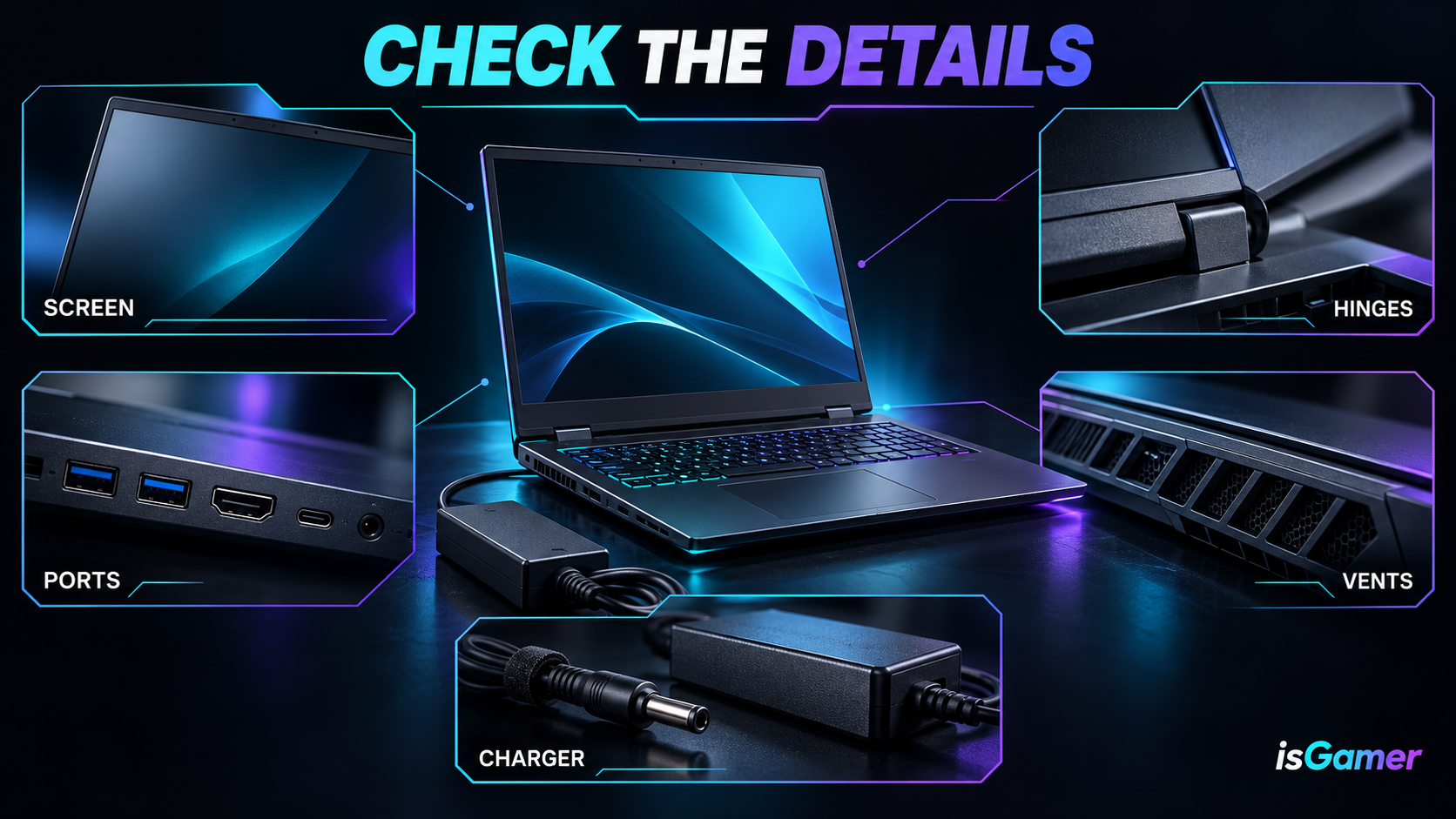Used gaming laptop inspection diagram highlighting screen hinges ports vents and charger