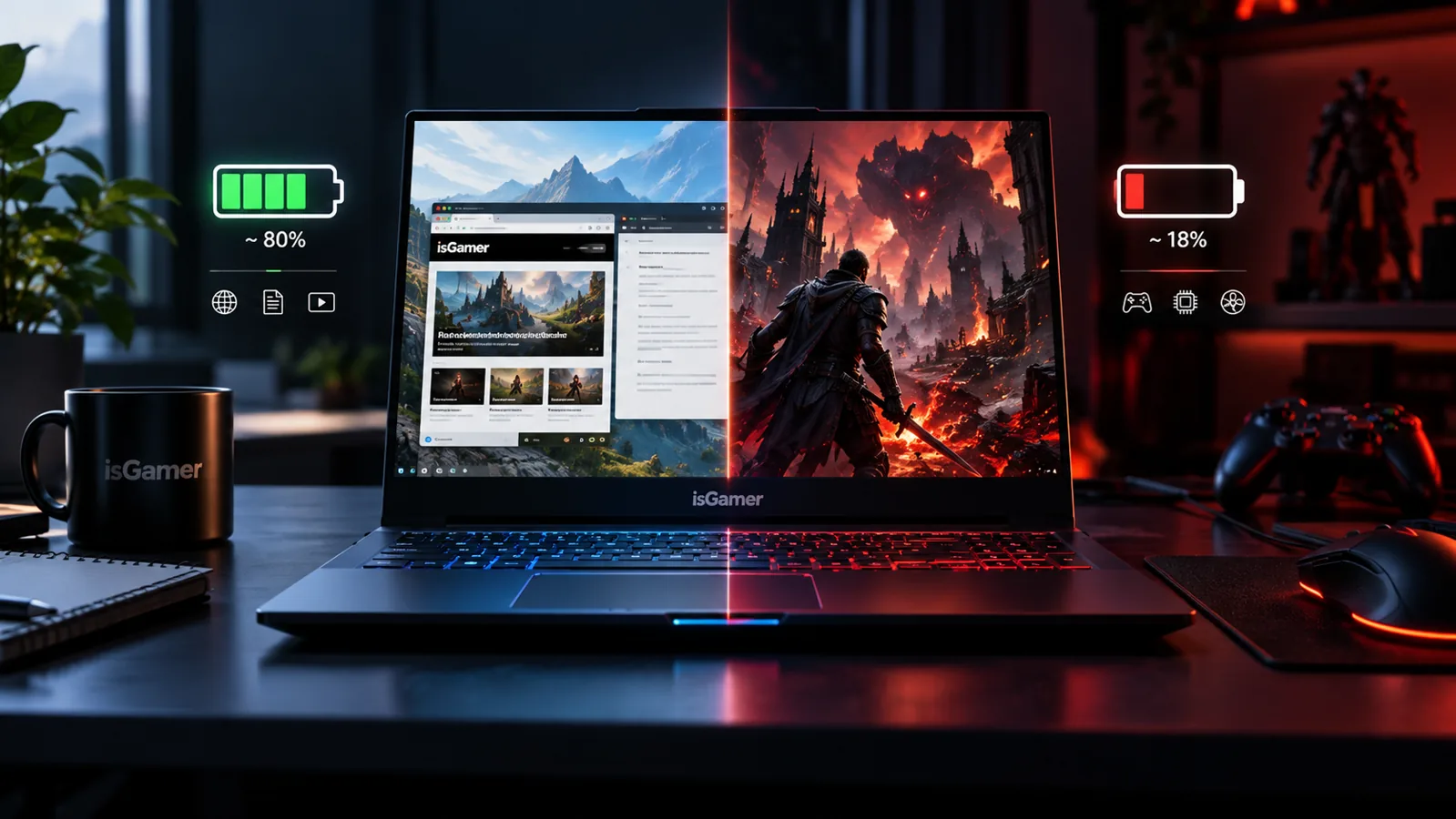 Comparison of gaming laptop everyday use and demanding gaming battery consumption