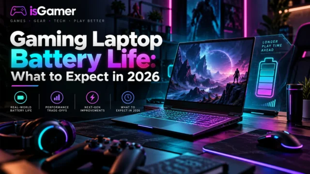Gaming laptop battery life guide for 2026 with isGamer branding