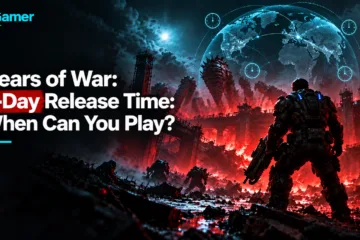 Gears of War: E-Day release time cover with a soldier, global countdown clock, and isGamer branding