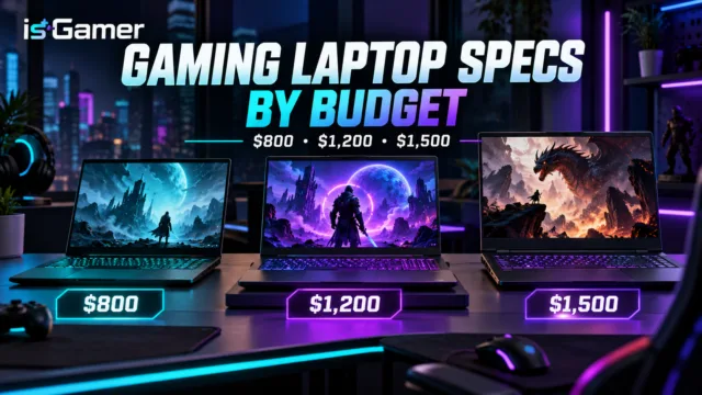 Gaming laptop specs by budget showing $800, $1,200, and $1,500 gaming laptops