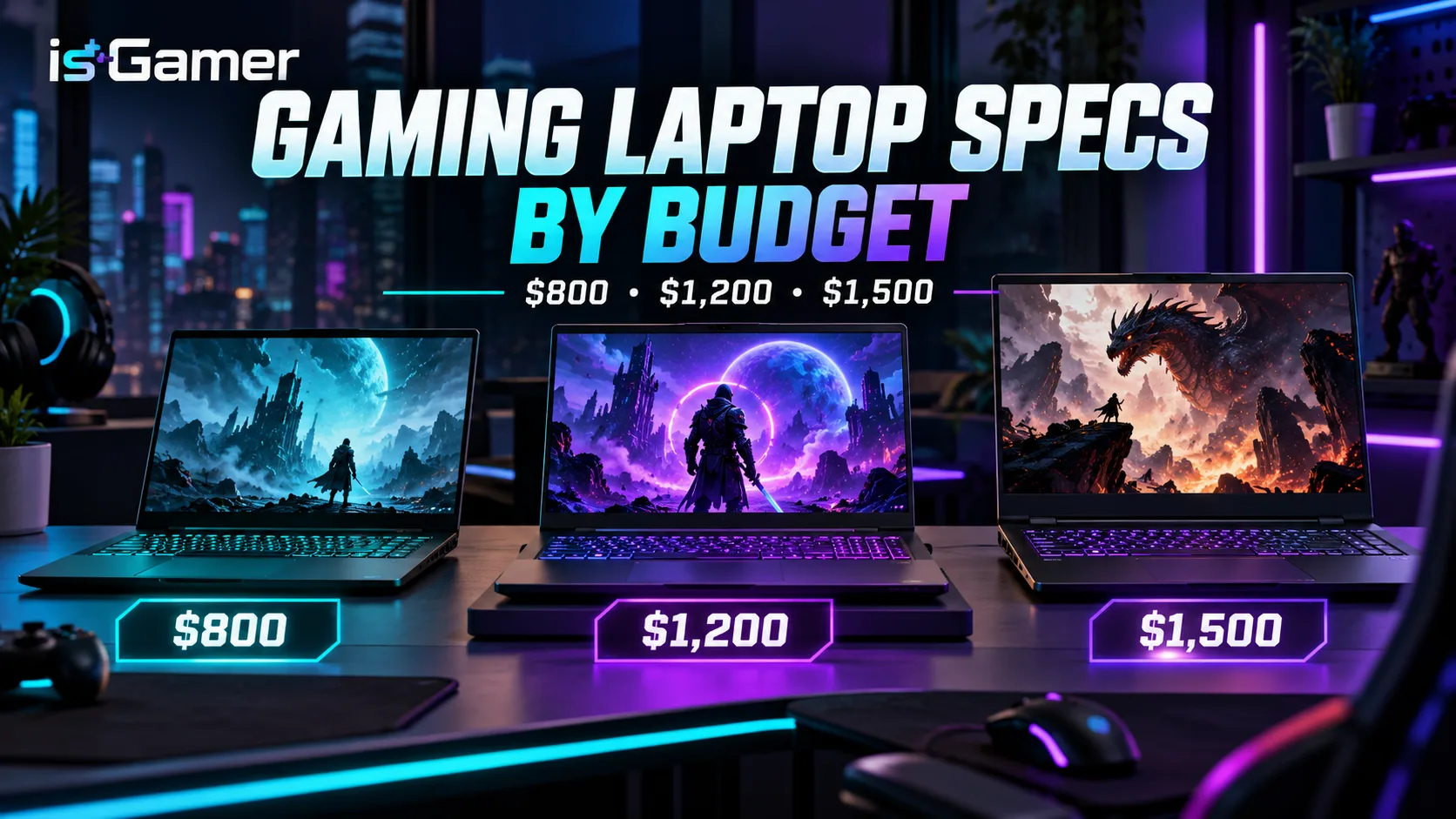 Gaming laptop specs by budget showing $800, $1,200, and $1,500 options