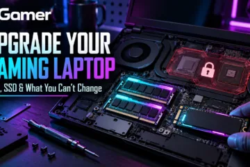 Gaming laptop opened for a RAM and SSD upgrade with non-upgradeable CPU and GPU highlighted