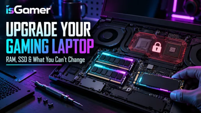 Gaming laptop opened for a RAM and SSD upgrade with non-upgradeable CPU and GPU highlighted