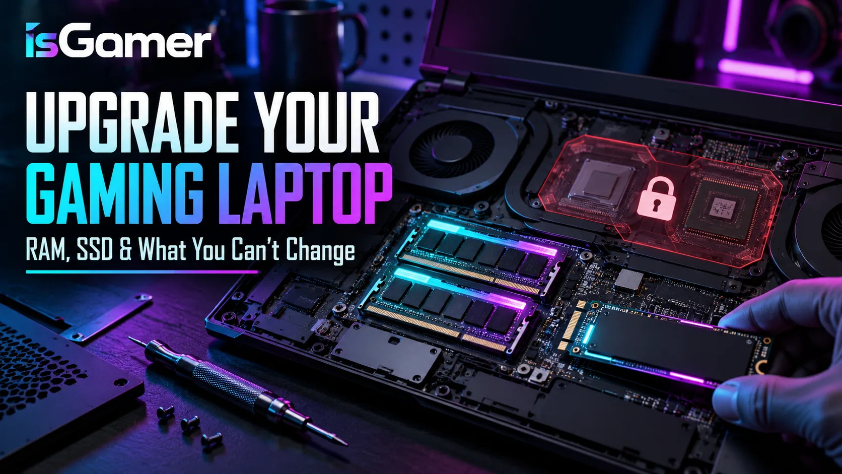 Gaming laptop RAM and SSD upgrade with the CPU and GPU highlighted as non-upgradeable