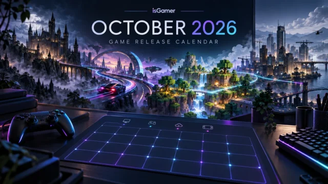 Original isGamer illustration of a glowing calendar surrounded by imaginary fantasy, racing, voxel, and modern city worlds.