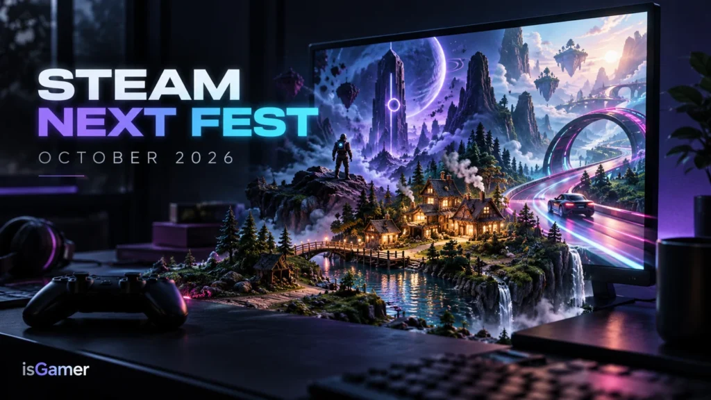 Imaginary game worlds emerge from a PC monitor beneath Steam Next Fest October 2026 lettering.