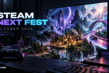 Imaginary game worlds emerge from a PC monitor beneath Steam Next Fest October 2026 lettering.