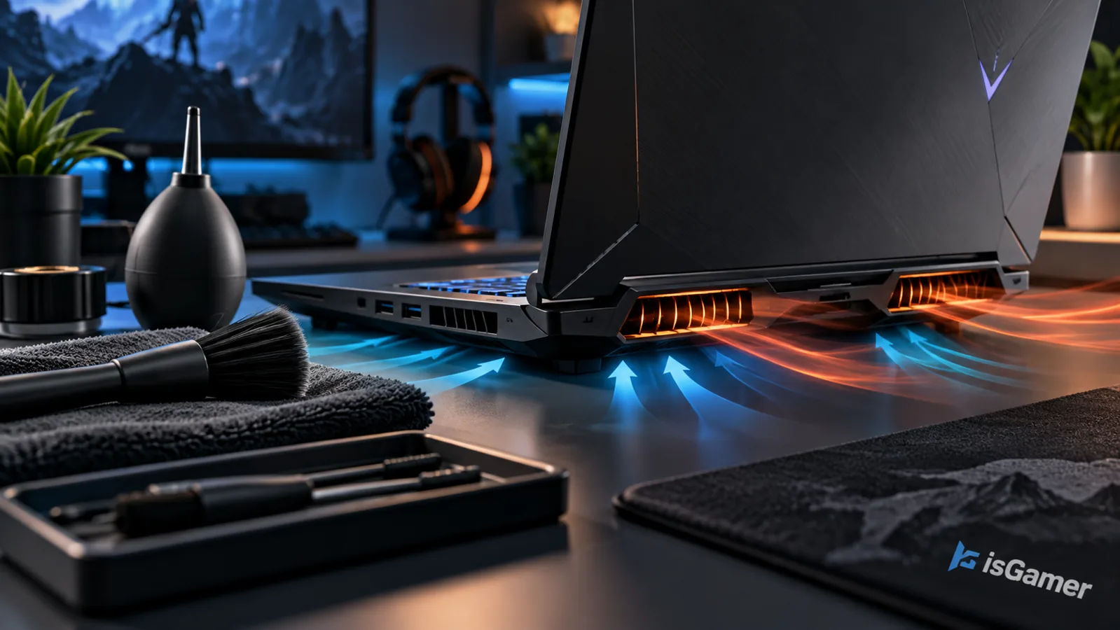 Gaming laptop rear ventilation and cooling airflow setup
