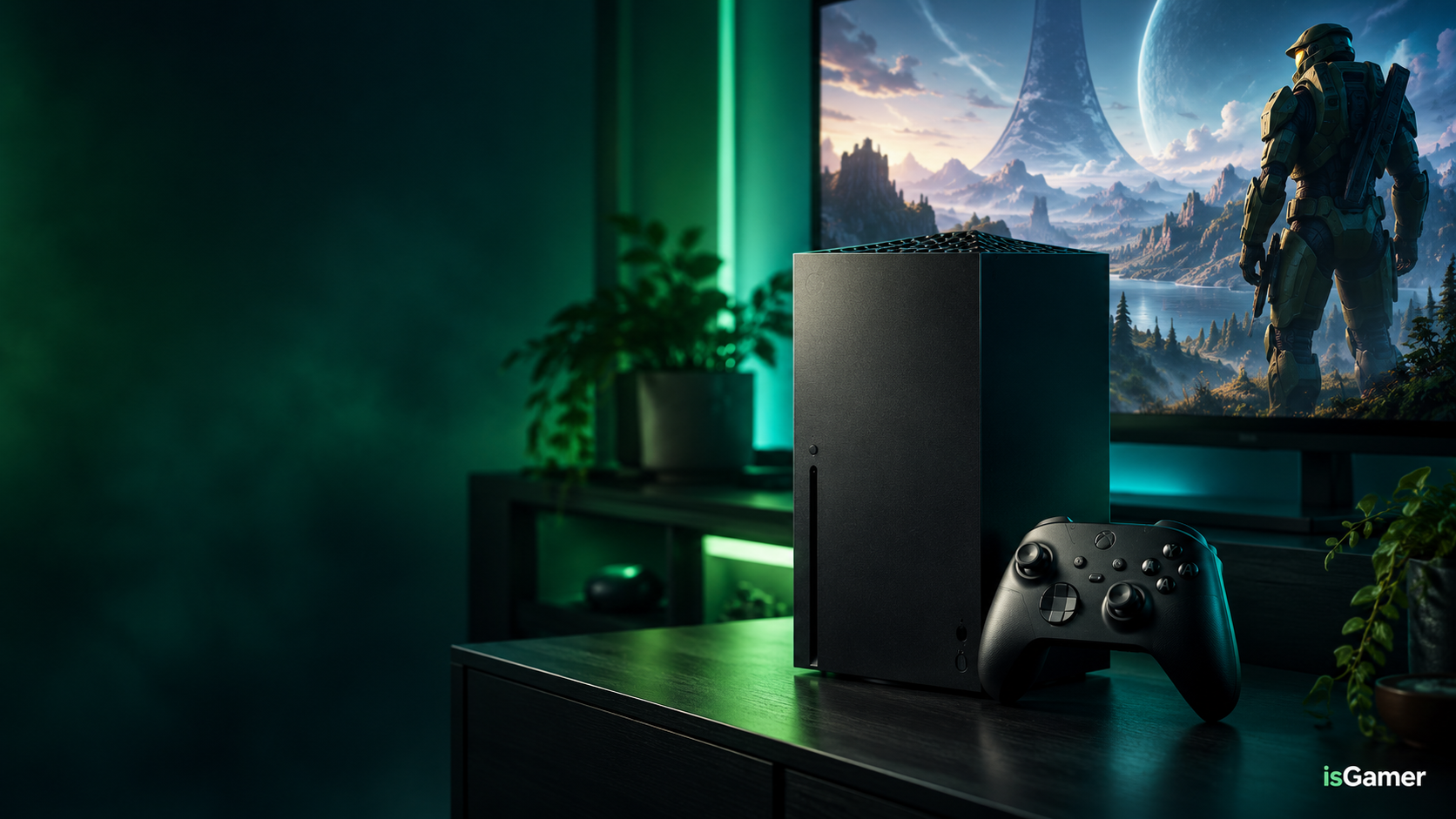 Xbox Series X gaming setup with isGamer branding